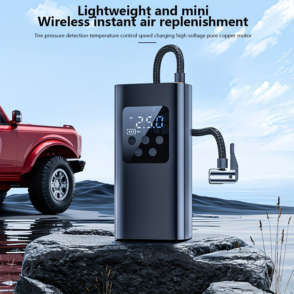 Portable Air Compressor with Digital Display — Mini Wireless Tire Inflator with Rechargeable Battery & LED Light | Perfect for Cars, Motorcycles & Bicycles