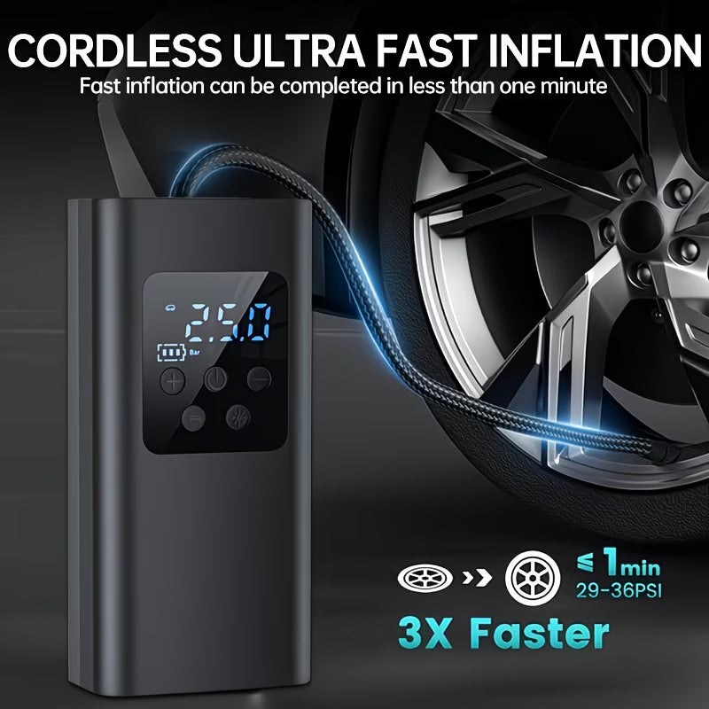 Portable Air Compressor with Digital Display — Mini Wireless Tire Inflator with Rechargeable Battery & LED Light | Perfect for Cars, Motorcycles & Bicycles