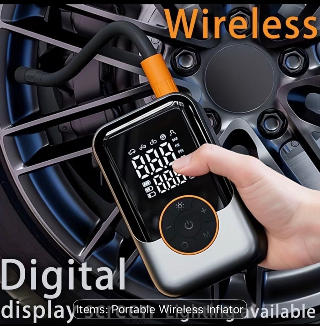 Portable Wireless Inflator with emergency LED light near car tire