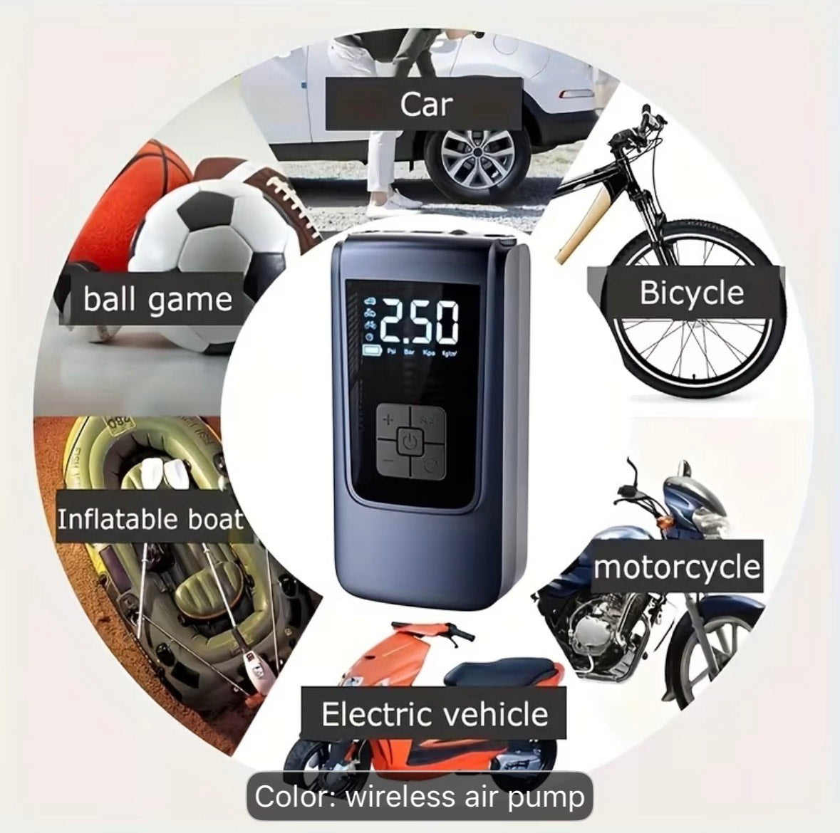 Wireless air pump compatible with car, bicycle, motorcycle, ball game, inflatable boat, electric vehicle