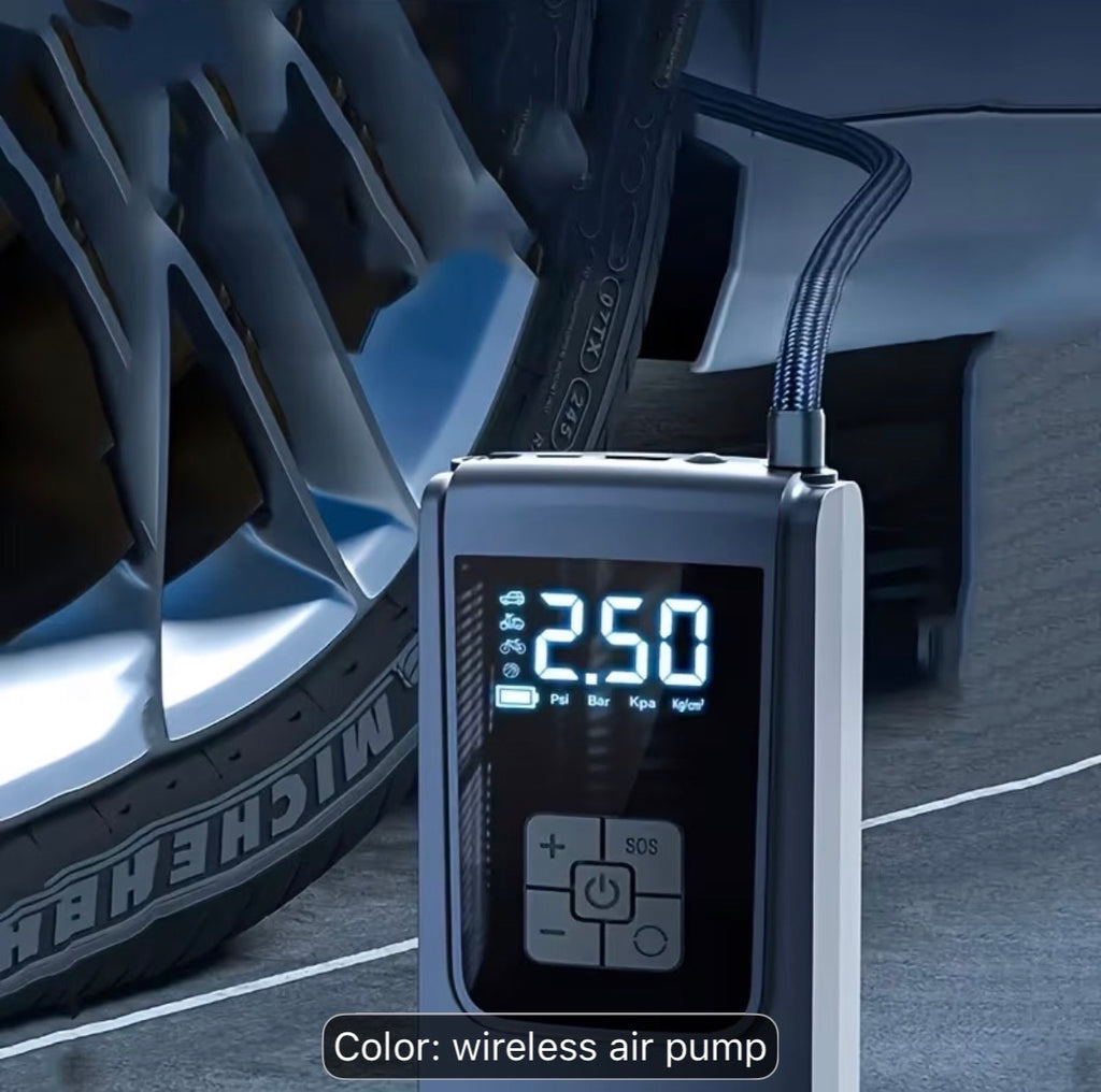Cordless air pump connected to car tire with LED display