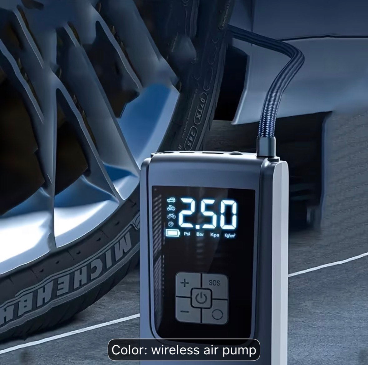Cordless air pump connected to car tire with LED display