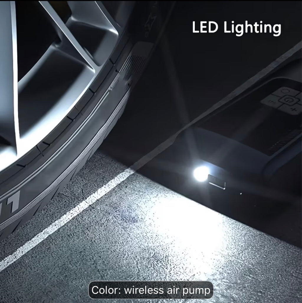 Portable wireless air pump LED lighting near car tire at night