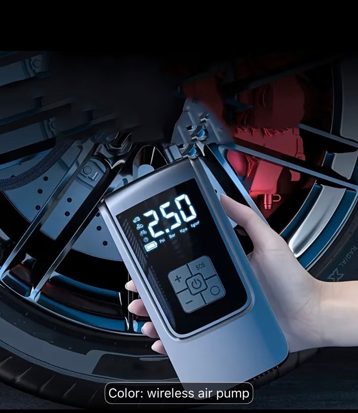 Handheld wireless tire inflator with digital display showing 2.50 PSI