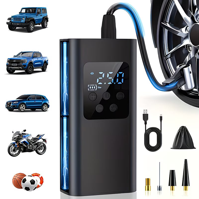 Portable Air Compressor with Digital Display — Mini Wireless Tire Inflator with Rechargeable Battery & LED Light | Perfect for Cars, Motorcycles & Bicycles